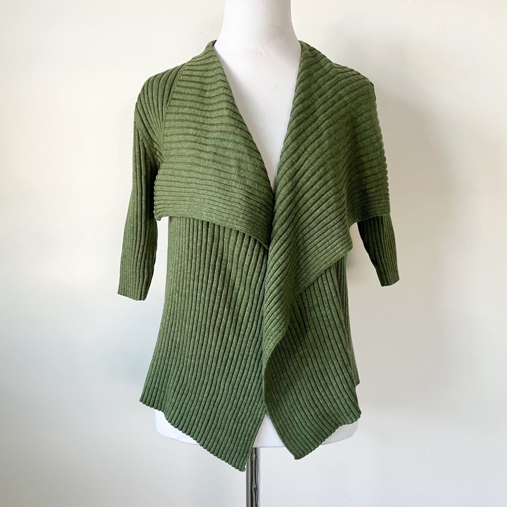 Eileen Fisher 100% Merino Wool Cardigan Petite Small PS Green Ribbed Half Sleeve